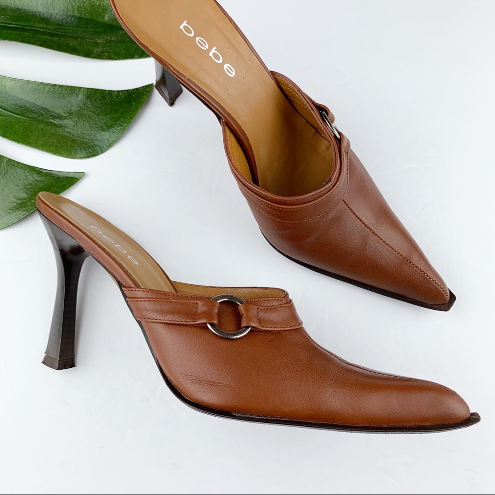 Bebe Pointed Leather Mules Heels Brown 9